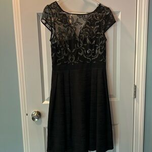 Adrianna Papell black cap sleeve dress with sheer sequin top